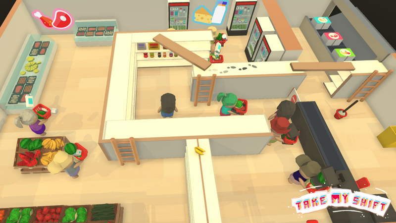 Take My Shift gameplay, overhead view of the supermarket