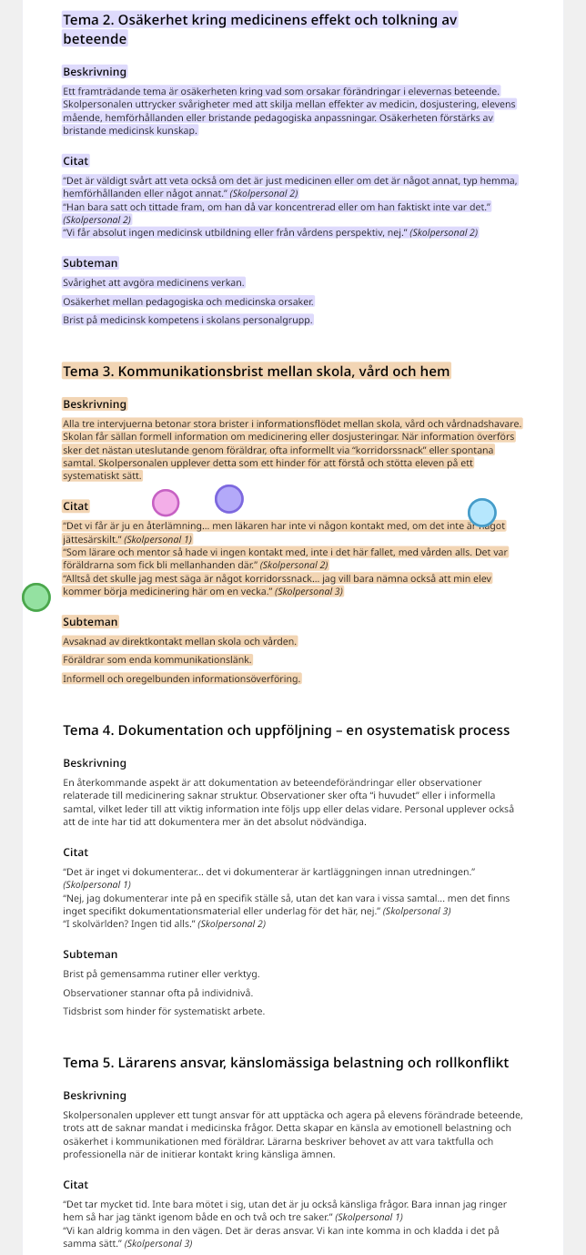 An excerpt from the analysis phase, showing school staff themes
