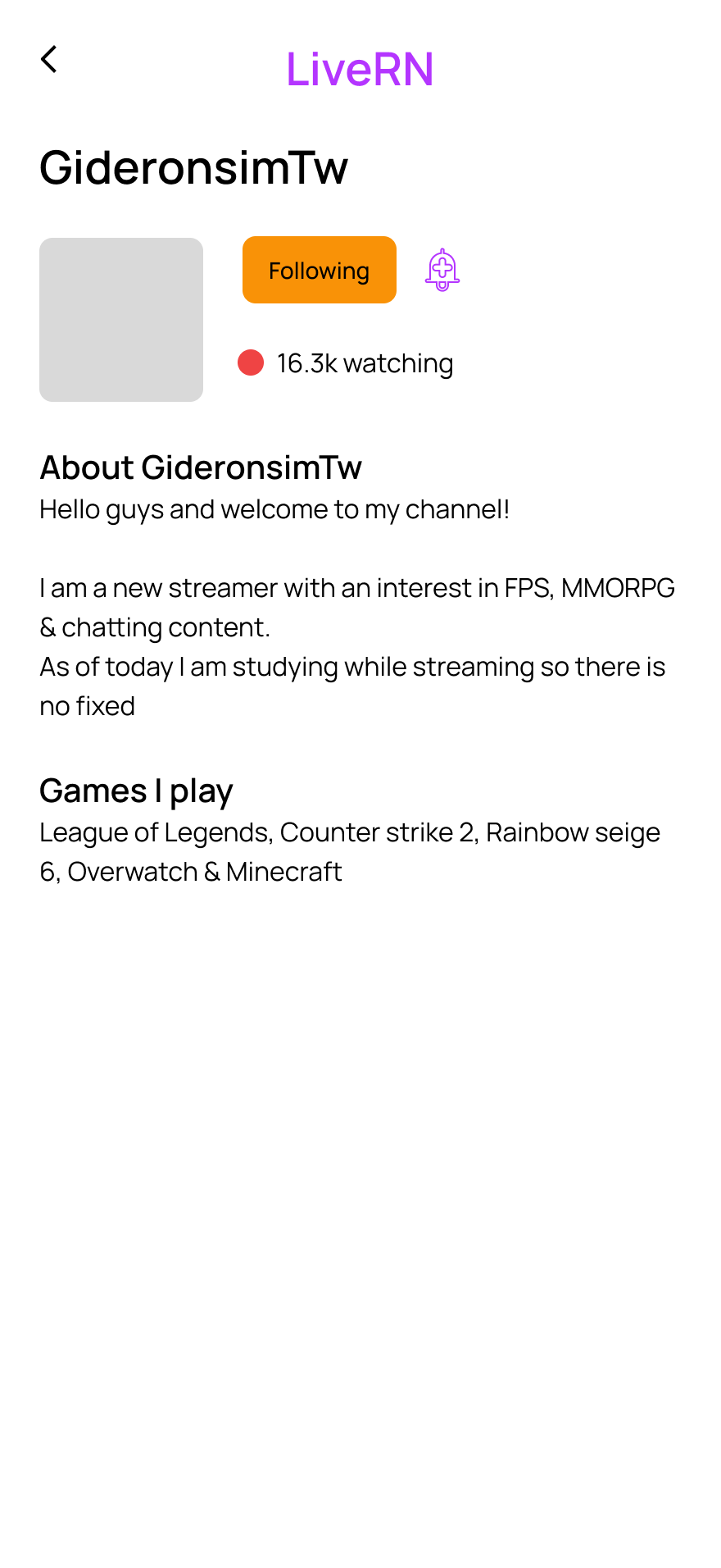 LiveRN creator detail screen, Following state