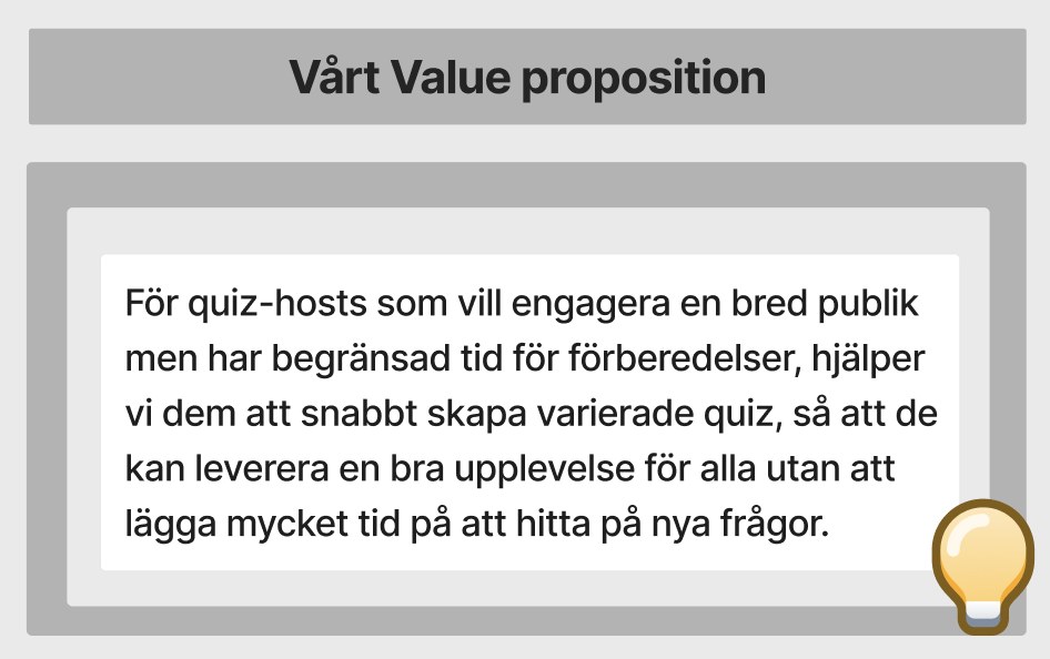 Our value proposition, in Swedish: For quiz hosts who want to engage a broad audience but have little time to prepare, we help them quickly create varied quizzes, so they can deliver a good experience without spending a lot of time coming up with new questions.