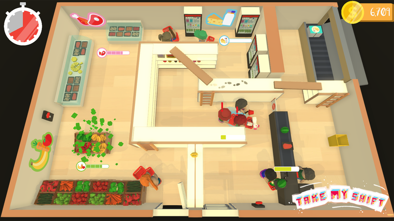 Take My Shift gameplay with HUD showing timer, coins, and stress meters