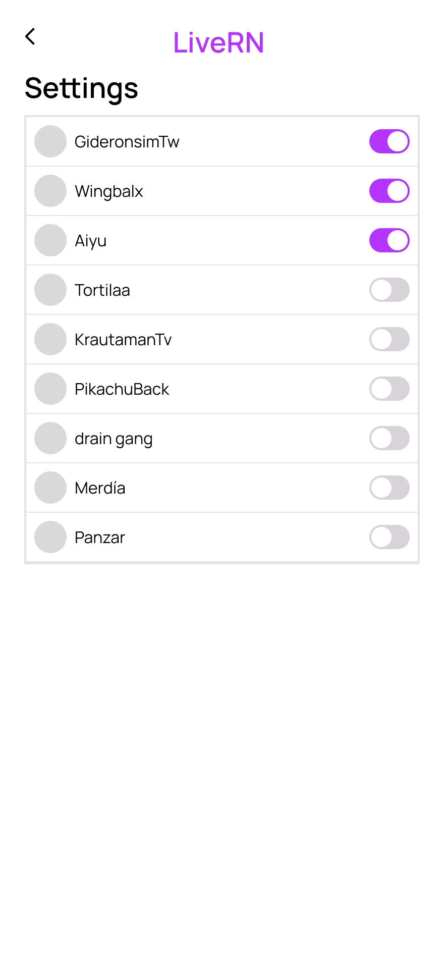 LiveRN notification settings screen