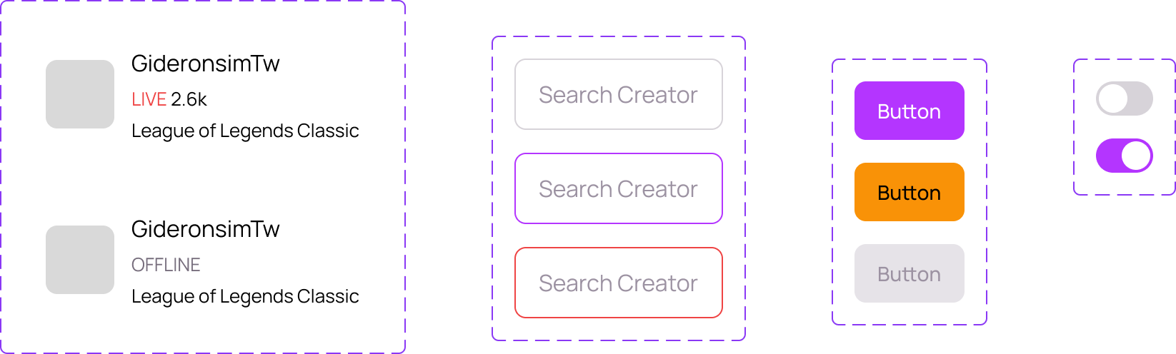 LiveRN component variants: list item, button states, search bar states