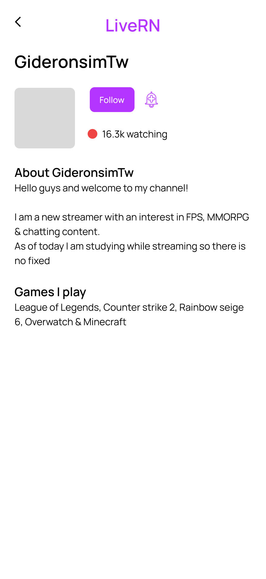 LiveRN creator detail screen, before following