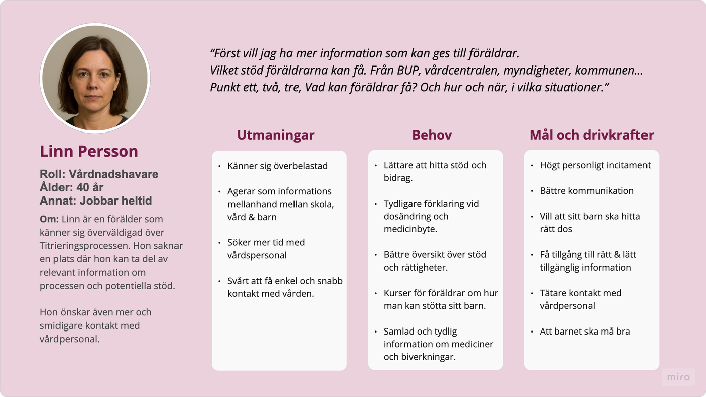 Finished persona card for Linn Persson, a guardian, used in the presentation